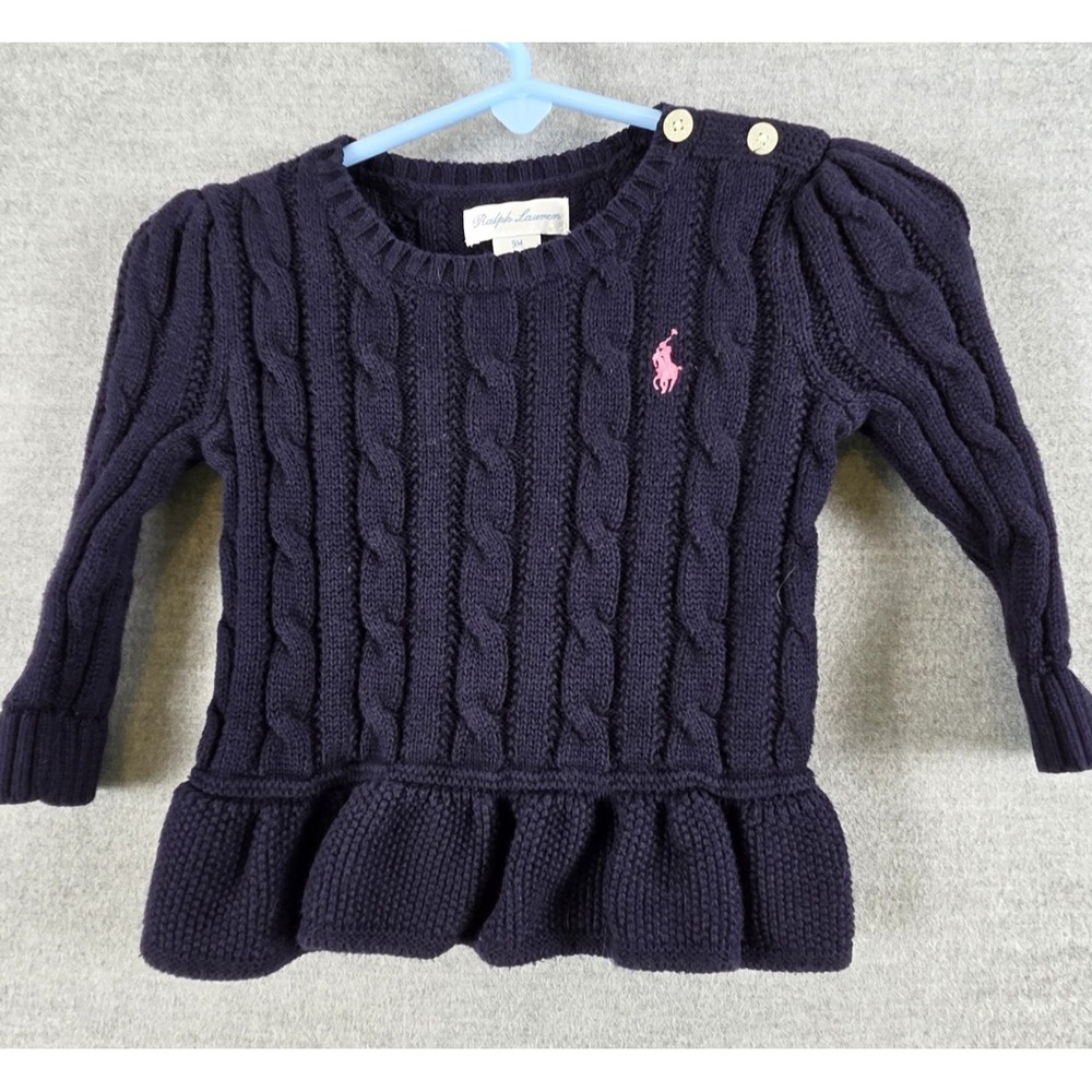Ralph Lauren Baby Girl 9 Mos Chunky Cable Knit Sweater Navy Blue Ruffle Logo